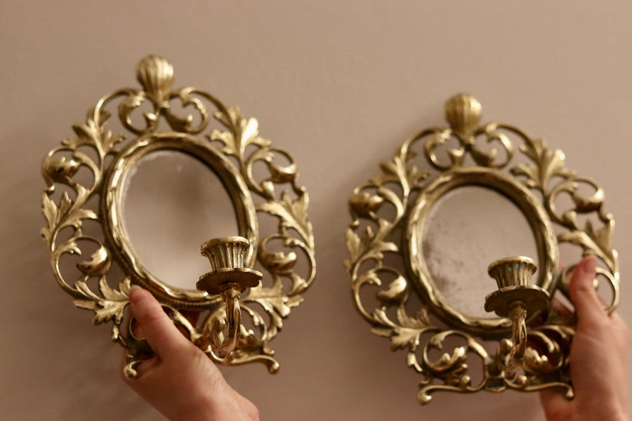 Pair of Antique French Brass Sconces with Mirror Noah Ancienne