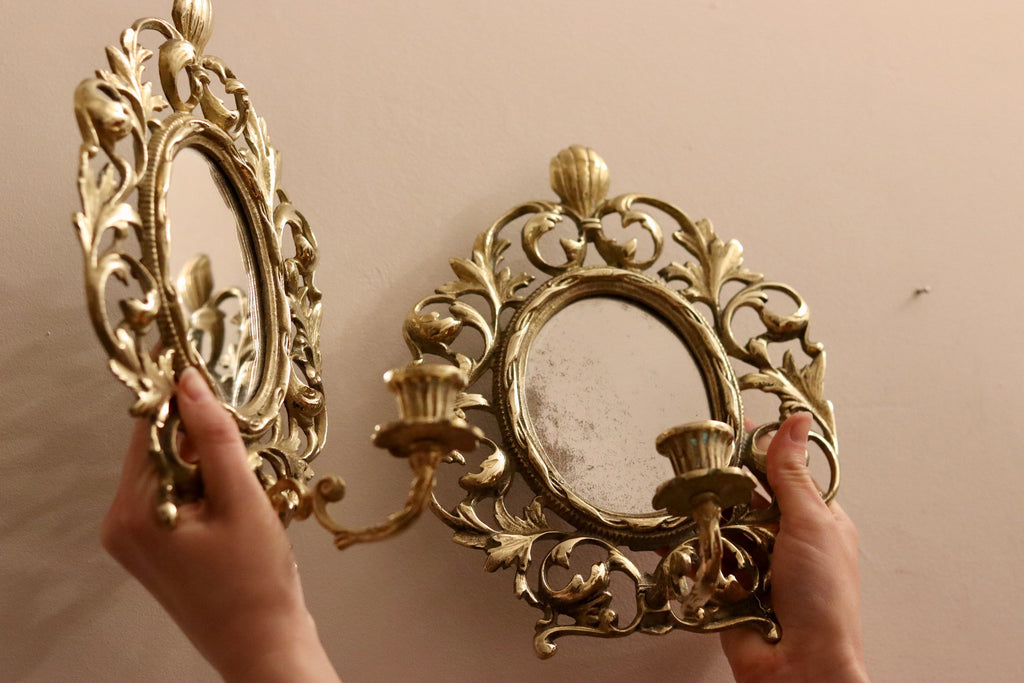 Pair of Antique French Brass Sconces with Mirror Noah Ancienne
