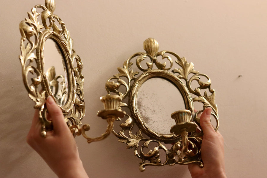 Pair of Antique French Brass Sconces with Mirror Noah Ancienne