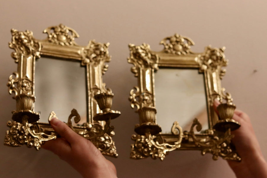 Pair of Antique Swedish Brass Sconces with Mirror Noah Ancienne