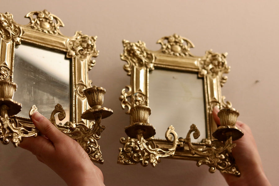 Pair of Antique Swedish Brass Sconces with Mirror Noah Ancienne