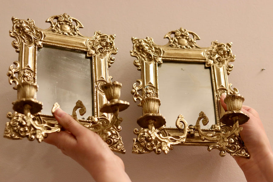 Pair of Antique Swedish Brass Sconces with Mirror Noah Ancienne