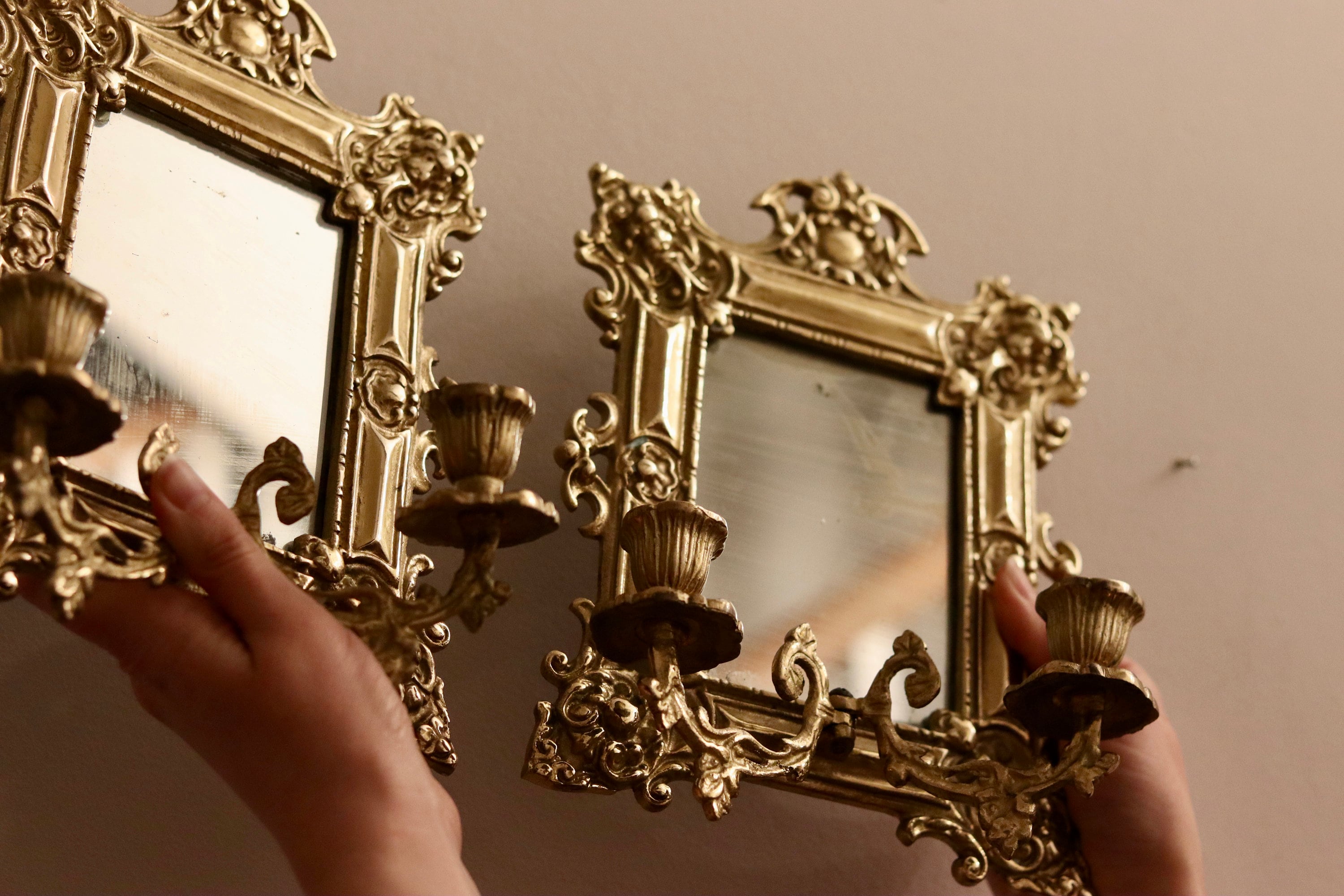 Pair of Antique Swedish Brass Sconces with Mirror Noah Ancienne