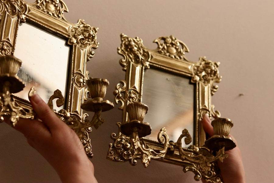 Pair of Antique Swedish Brass Sconces with Mirror Noah Ancienne