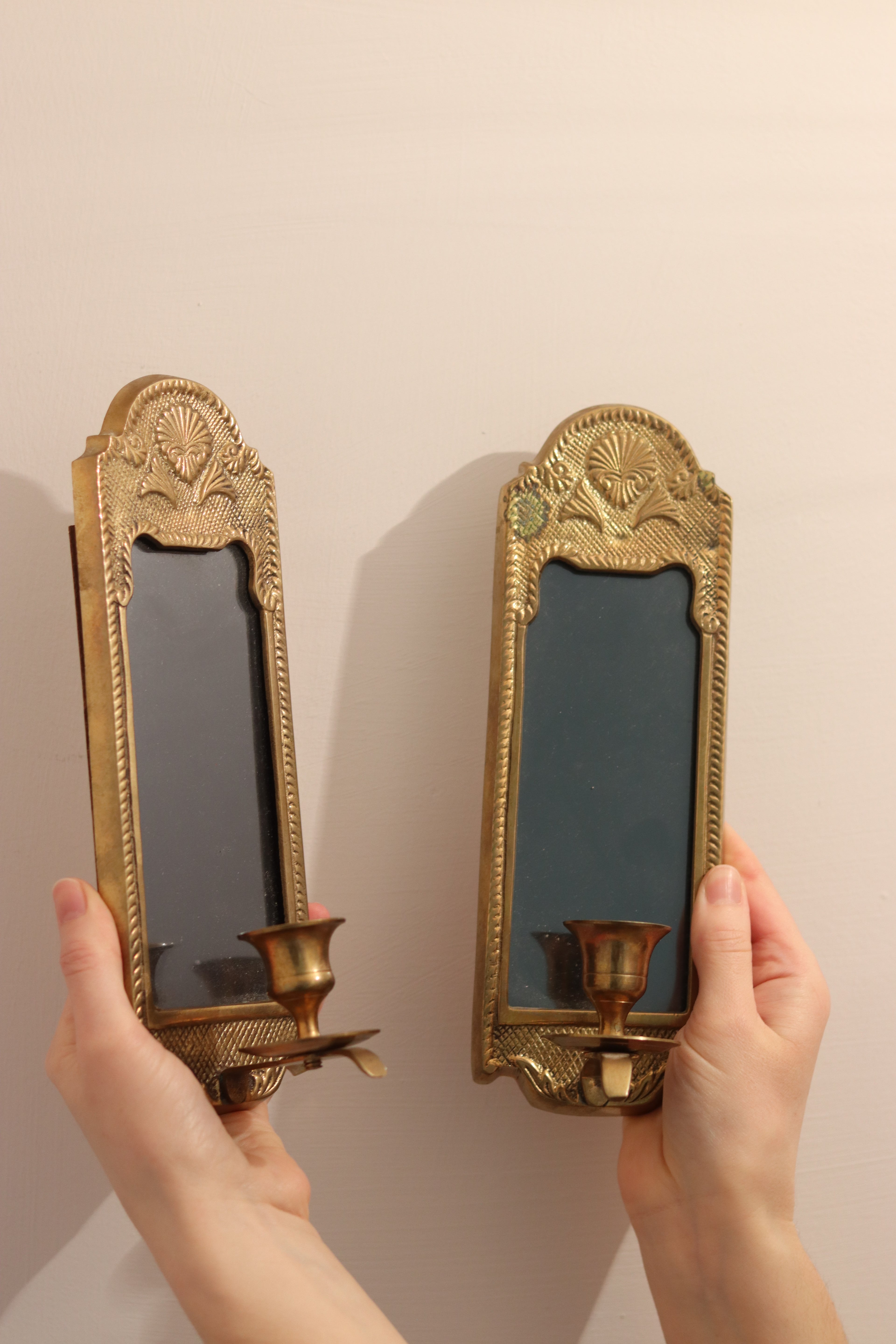 Pair of Mid-Century Swedish Brass Sconces with Tinted Mirror Noah Ancienne