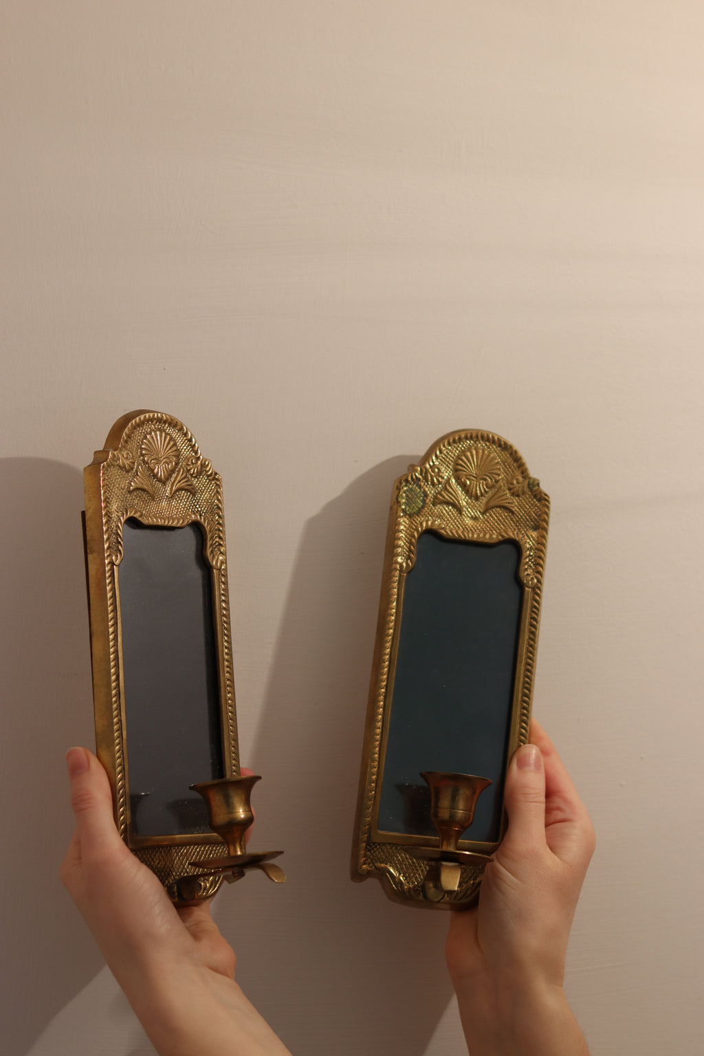 Pair of Mid-Century Swedish Brass Sconces with Tinted Mirror Noah Ancienne