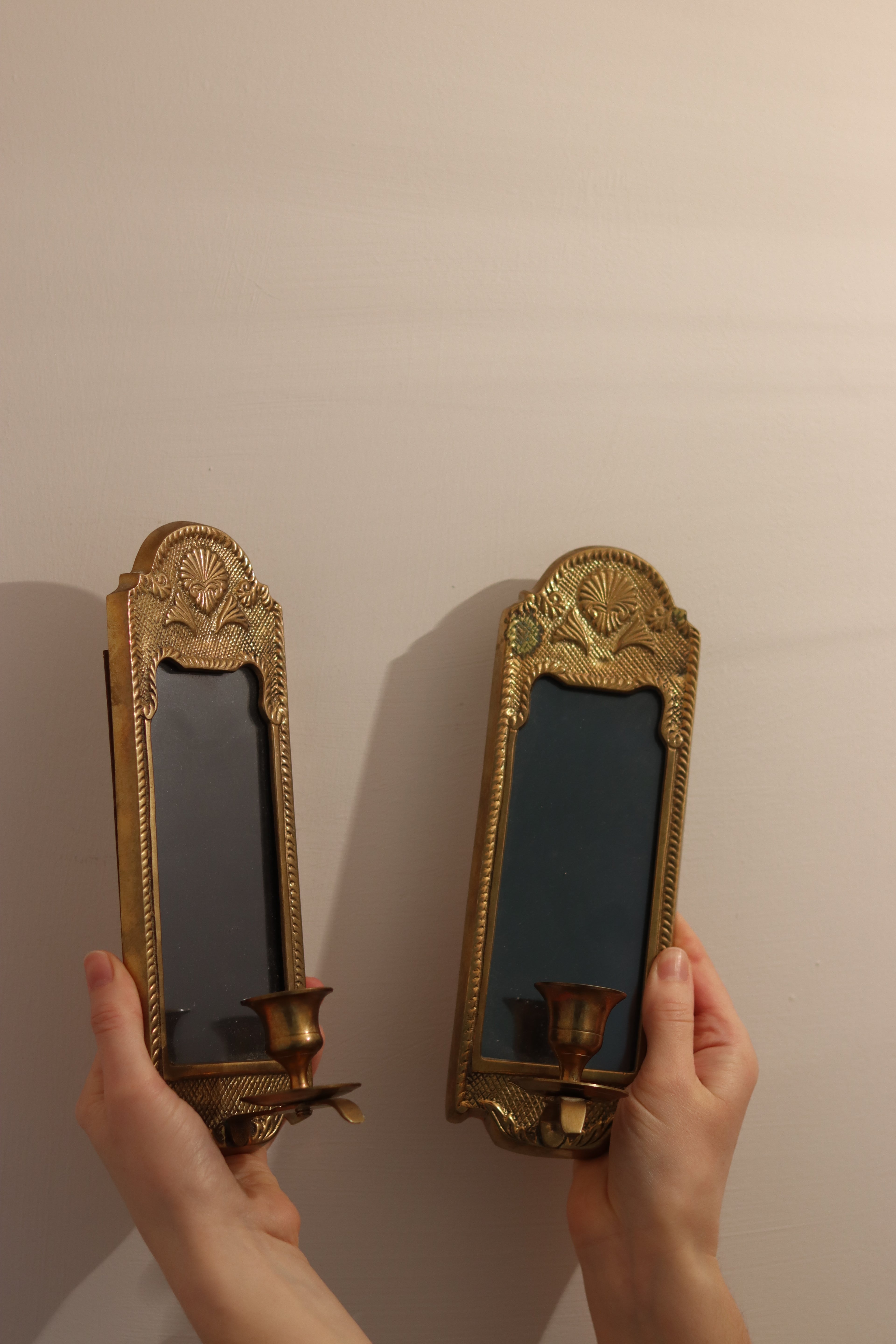 Pair of Mid-Century Swedish Brass Sconces with Tinted Mirror Noah Ancienne