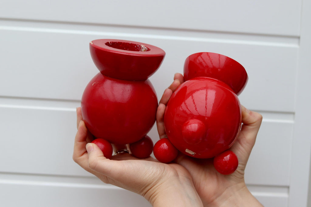 Pair of Swedish Red Dala Ball Candleholders Noah Ancienne