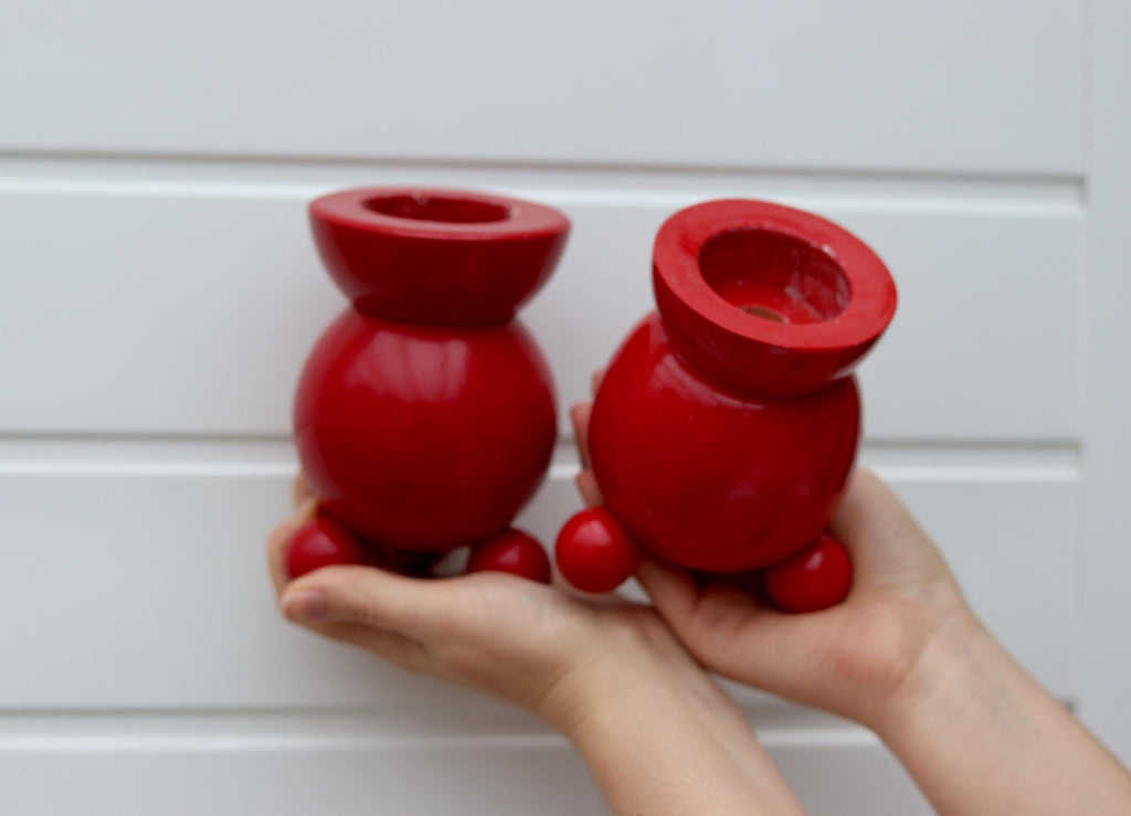 Pair of Swedish Red Dala Ball Candleholders Noah Ancienne