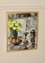 Swedish Mid-Century Oil On Canvas Painting" Still Life with Yellow Roses and Fruit " by Olle Rhönnstrand--Vintage & Framed Noah Ancienne