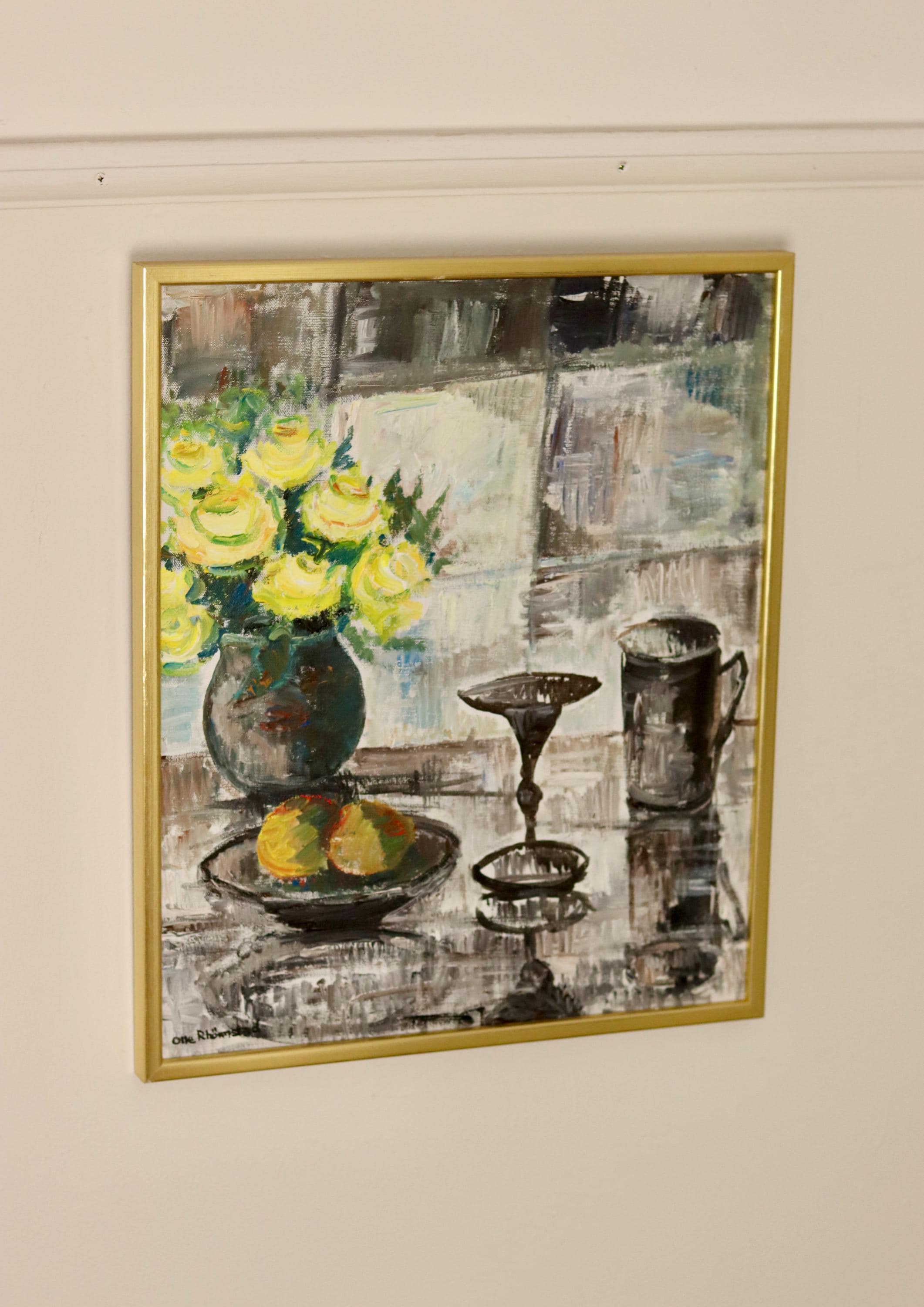 Swedish Mid-Century Oil On Canvas Painting" Still Life with Yellow Roses and Fruit " by Olle Rhönnstrand--Vintage & Framed Noah Ancienne