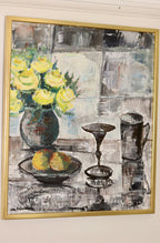 Swedish Mid-Century Oil On Canvas Painting" Still Life with Yellow Roses and Fruit " by Olle Rhönnstrand--Vintage & Framed Noah Ancienne