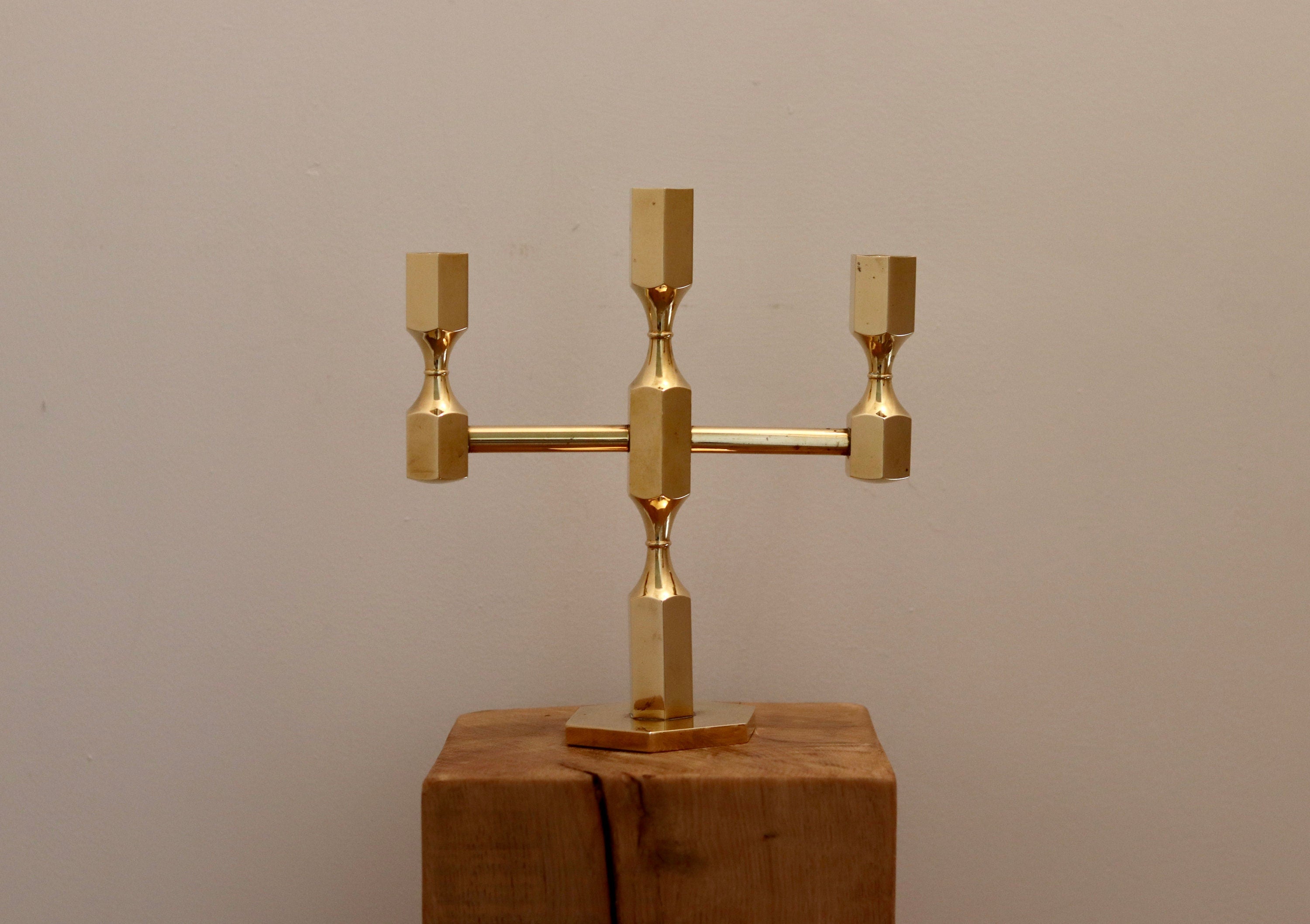 Three-Arm Swedish Brass Candelabra by Gusum circa 1970 Noah Ancienne