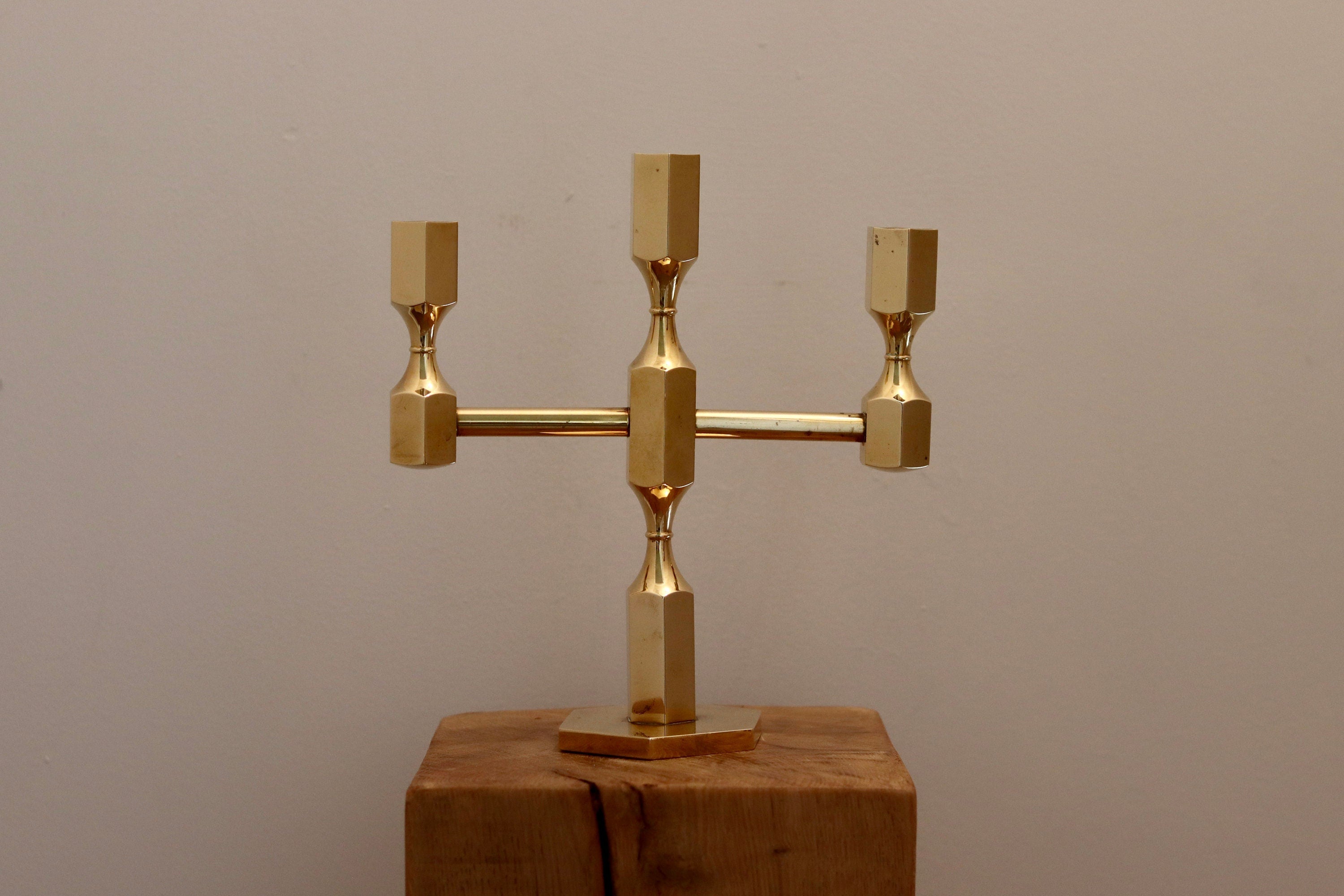 Three-Arm Swedish Brass Candelabra by Gusum circa 1970 Noah Ancienne