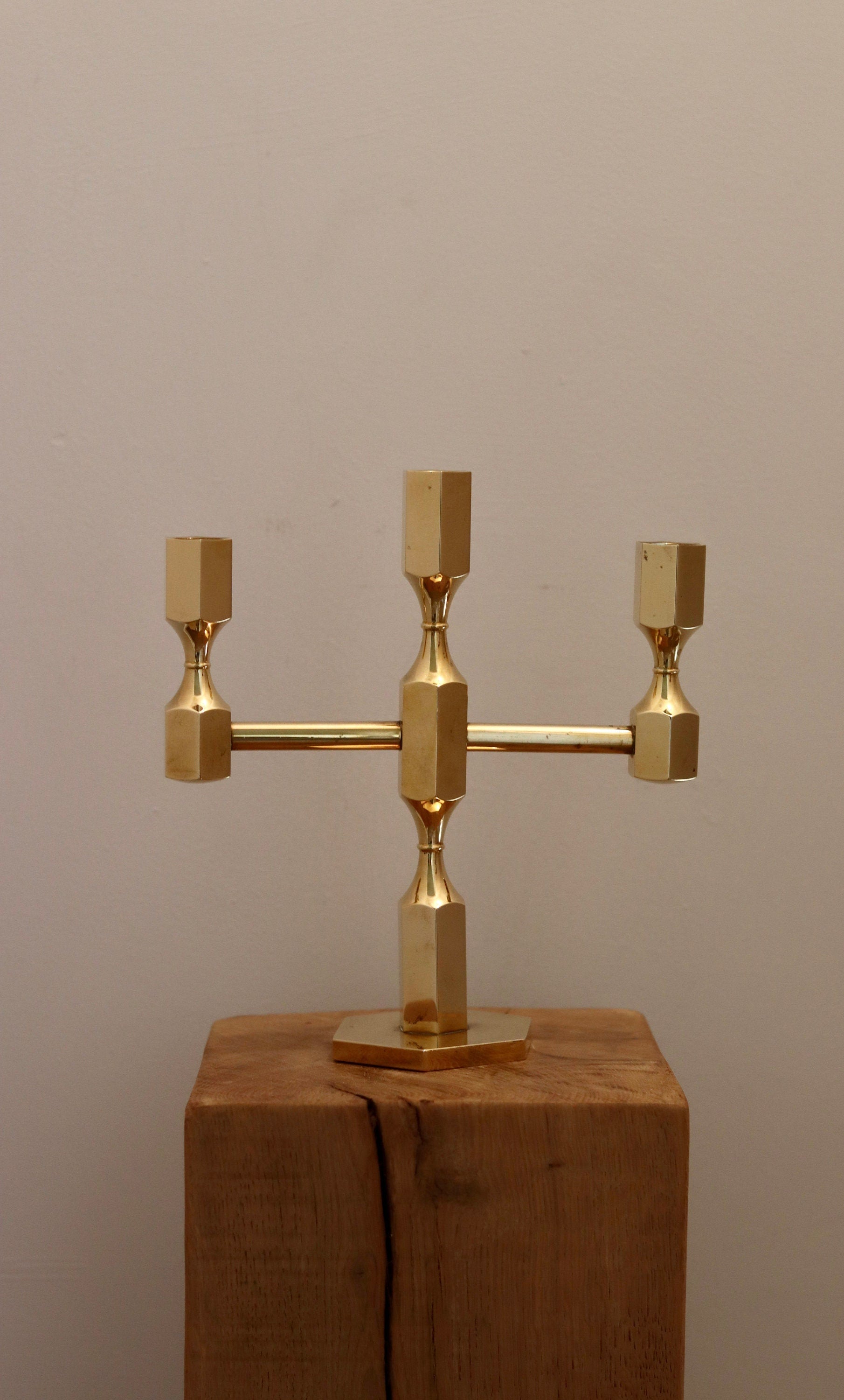 Three-Arm Swedish Brass Candelabra by Gusum circa 1970 Noah Ancienne