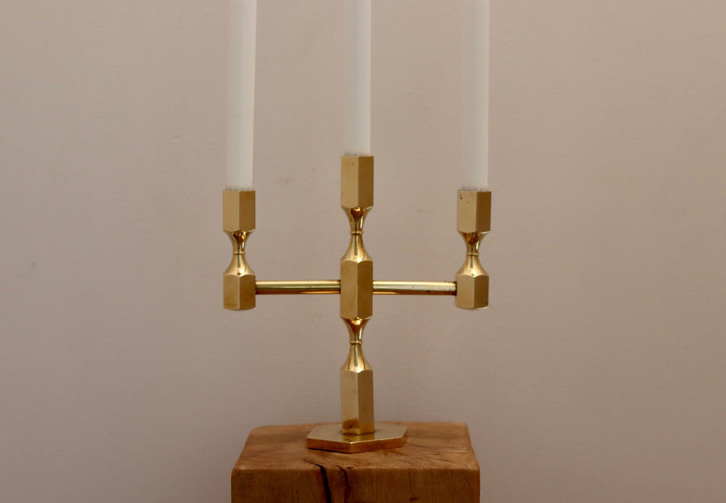Three-Arm Swedish Brass Candelabra by Gusum circa 1970 Noah Ancienne