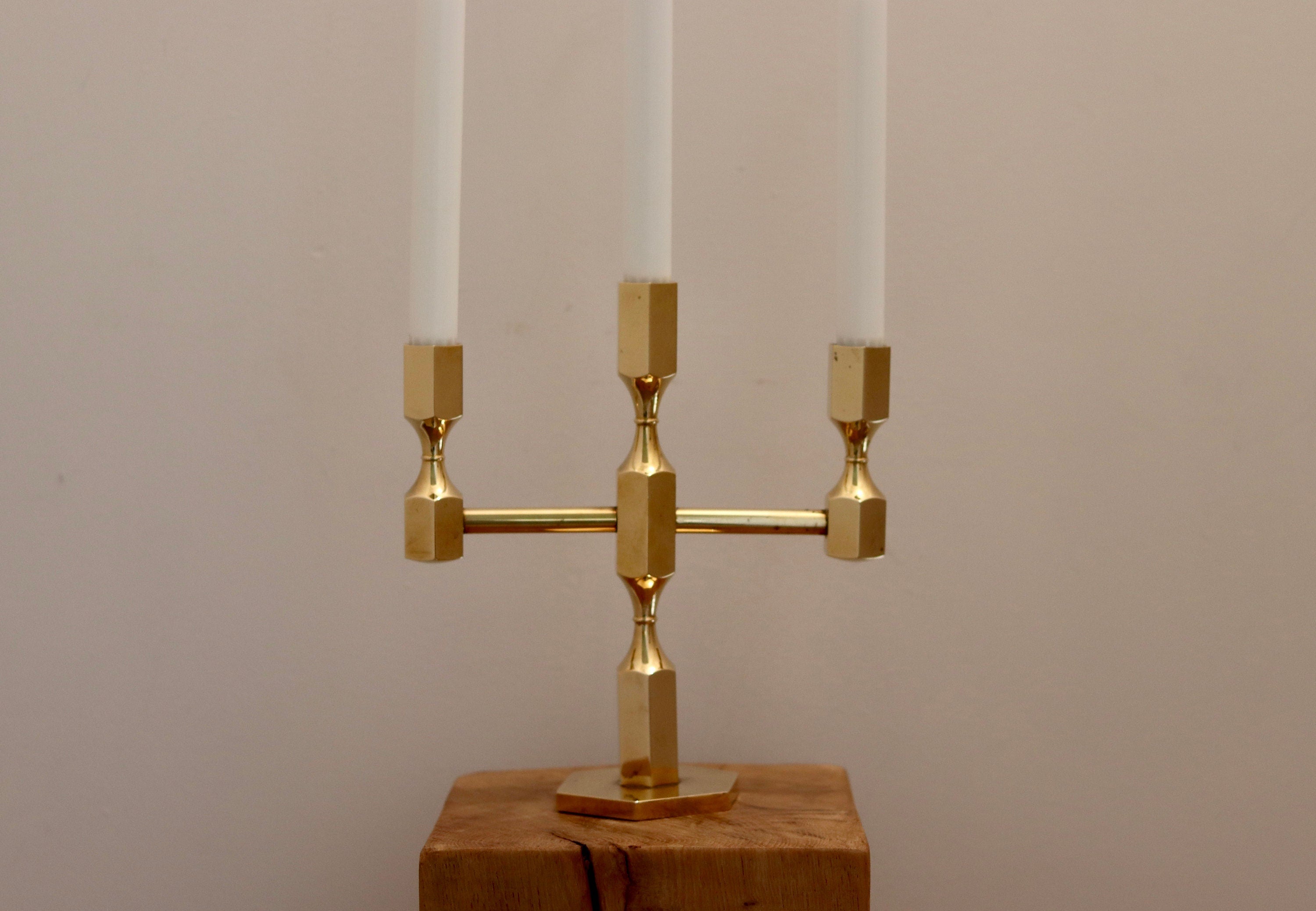 Three-Arm Swedish Brass Candelabra by Gusum circa 1970 Noah Ancienne
