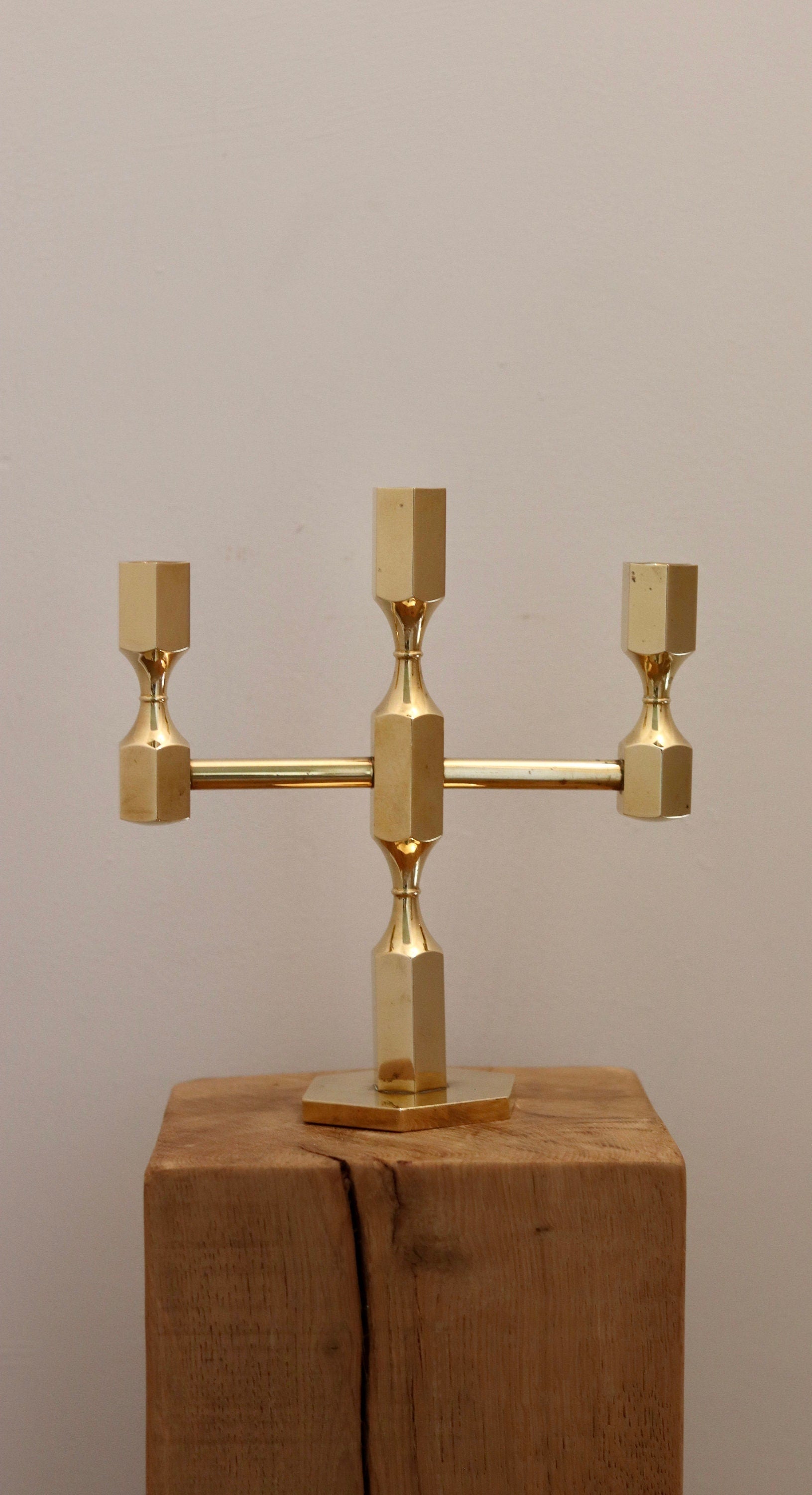 Three-Arm Swedish Brass Candelabra by Gusum circa 1970 Noah Ancienne