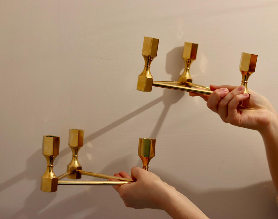 Triangular Brass Candelabra by Lars Bergsten for Gusum, Sweden, 1980s Noah Ancienne