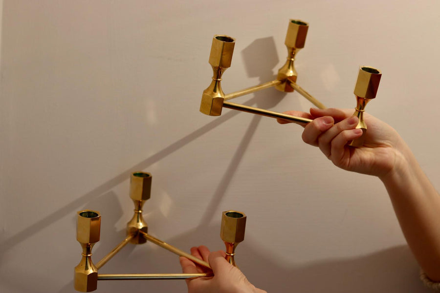 Triangular Brass Candelabra by Lars Bergsten for Gusum, Sweden, 1980s Noah Ancienne