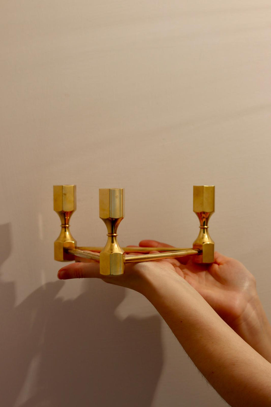 Triangular Brass Candelabra by Lars Bergsten for Gusum, Sweden, 1980s Noah Ancienne