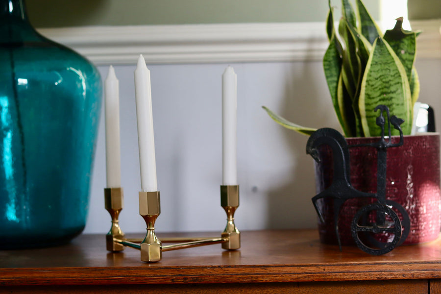 Triangular Brass Candelabra by Lars Bergsten for Gusum, Sweden, 1980s Noah Ancienne