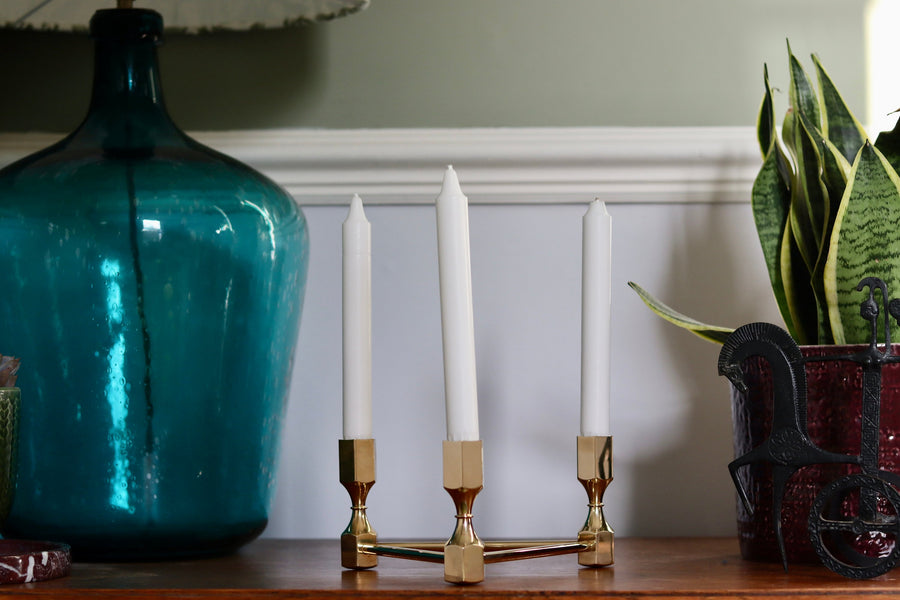 Triangular Brass Candelabra by Lars Bergsten for Gusum, Sweden, 1980s Noah Ancienne