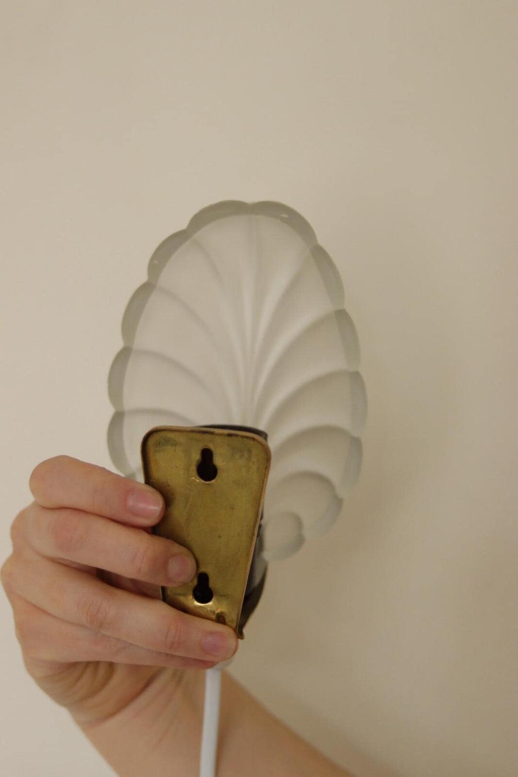 Pair of Art Deco Brass & Glass Shell Wall Lamps – Denmark, 1930s – Rewired, Working, E14