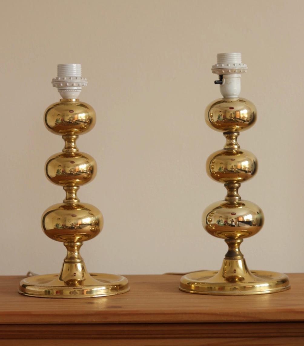 Pair of Swedish Brass Bobbin Table lamp by NAFA Nybro Armaturfabrik AB