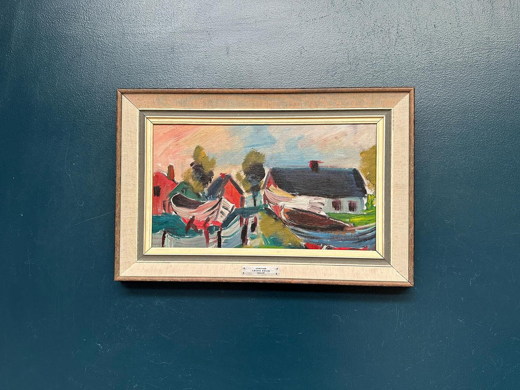 “Boats in Fishing Village” by Louis Zelig (1922–1993)