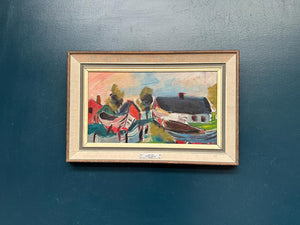 “Boats in Fishing Village” by Louis Zelig (1922–1993)