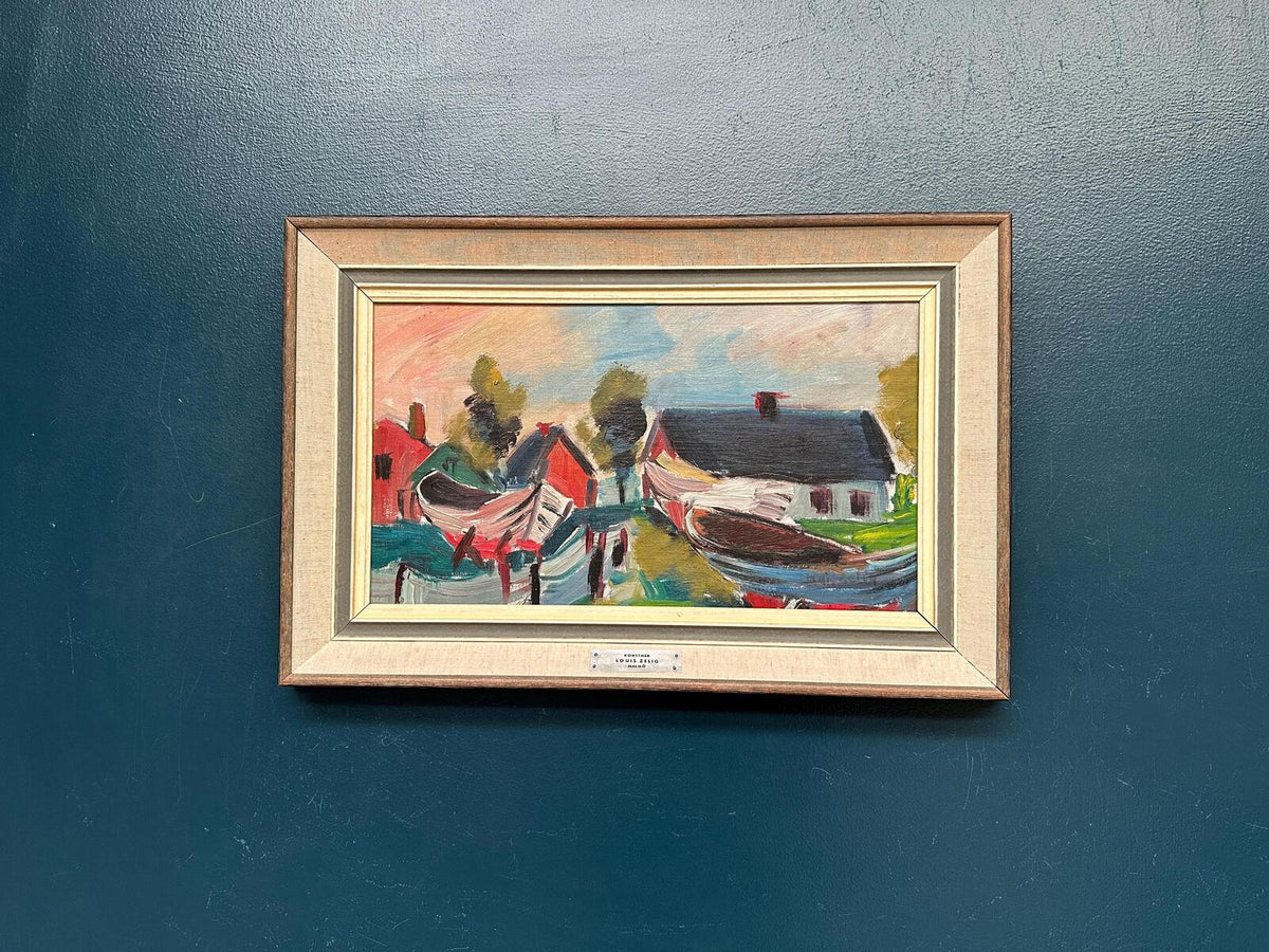 “Boats in Fishing Village” by Louis Zelig (1922–1993)