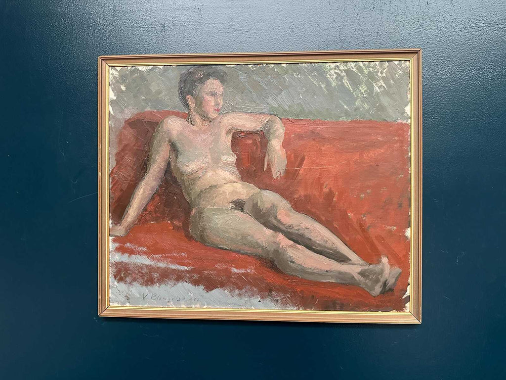“Reclining Lady on Red Couch” by Vilhelm Blomquist