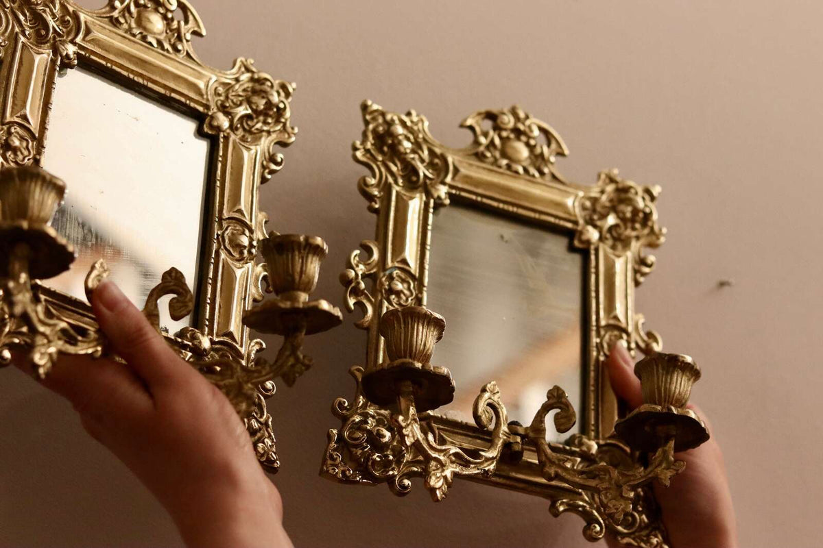 Single Antique Swedish Brass Sconce with Mirror