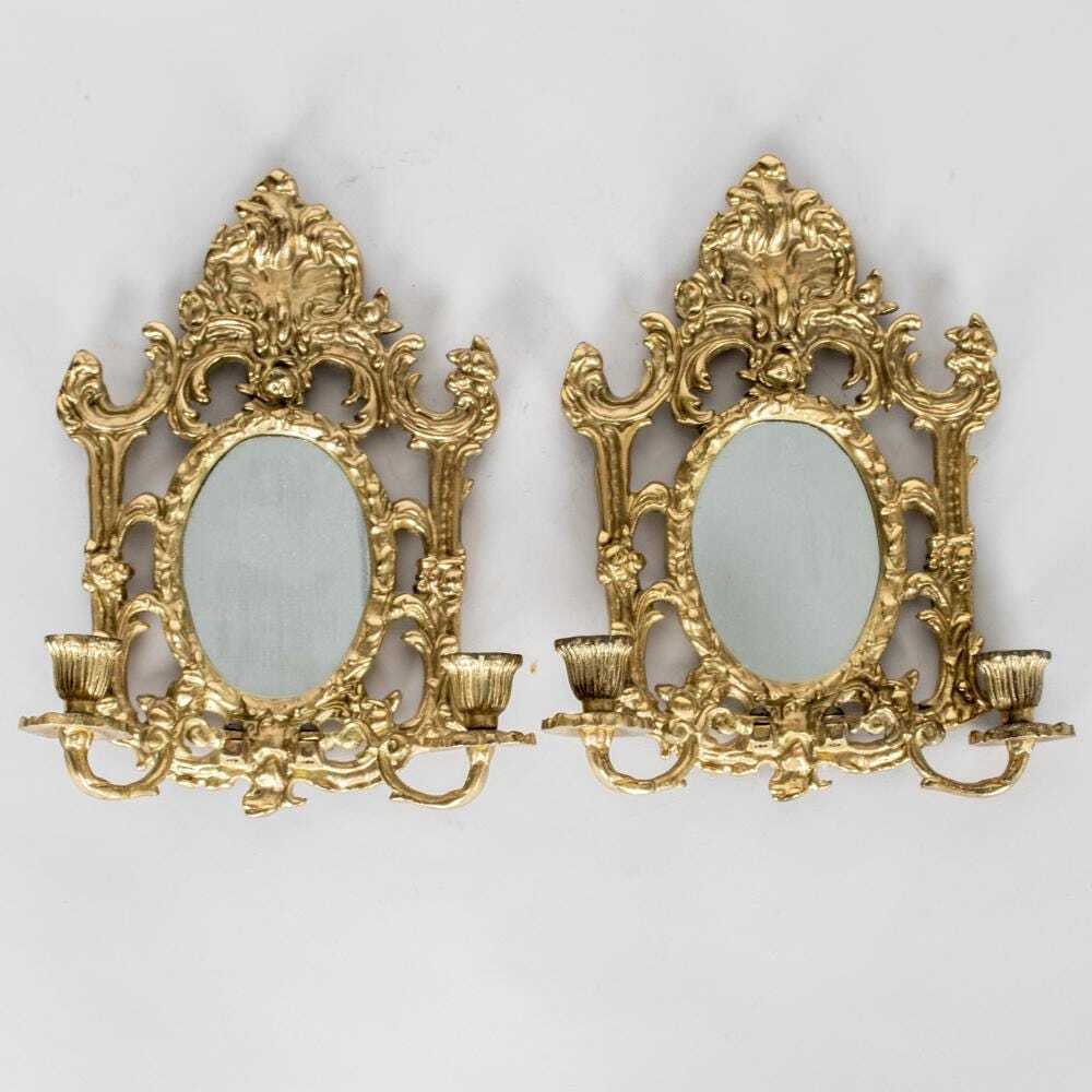 Pair of Antique  Brass Sconces with Mirror