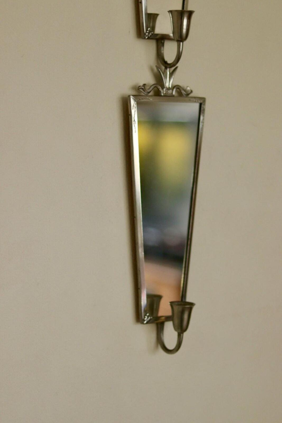 Pair of Mid Century Swedish Pewter Sconces with Mirror