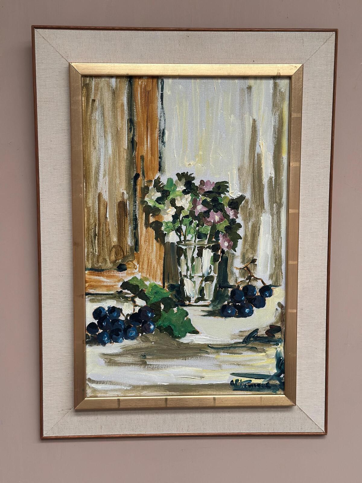 Original Swedish Oil on Canvas – “Still Life with Flowers and Grapes” by Aldo Altomare – Vintage & Framed – 64 × 46 cm (25.2" × 18.1")