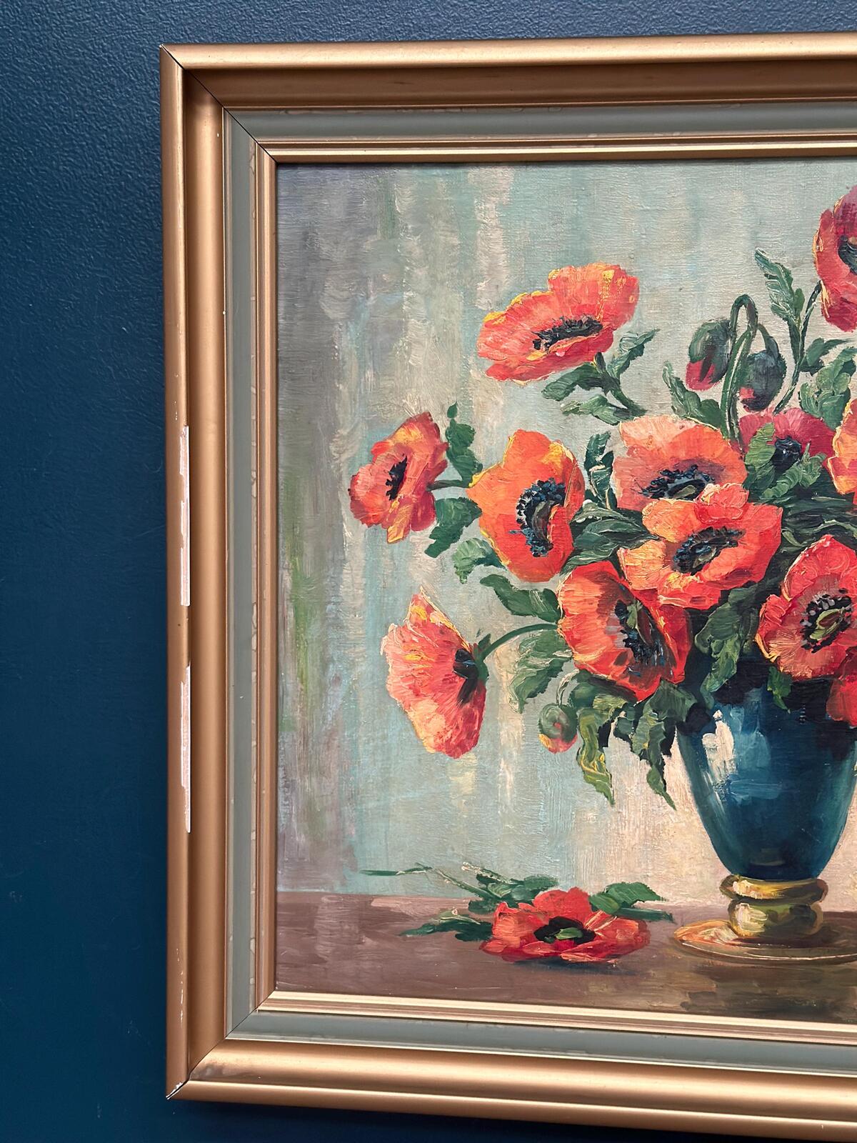 “Red Poppies in Blue Vase” by C. Horst