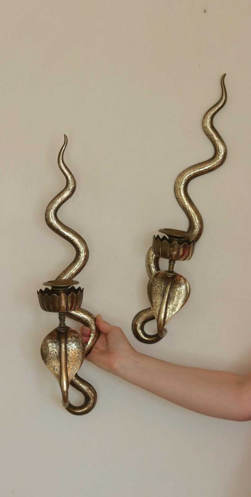 Pair of Egyptian Revival Style Engraved Brass Cobra Sconces