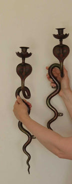 Pair of Egyptian Revival Style Engraved Brass Enameled Cobra Sconces