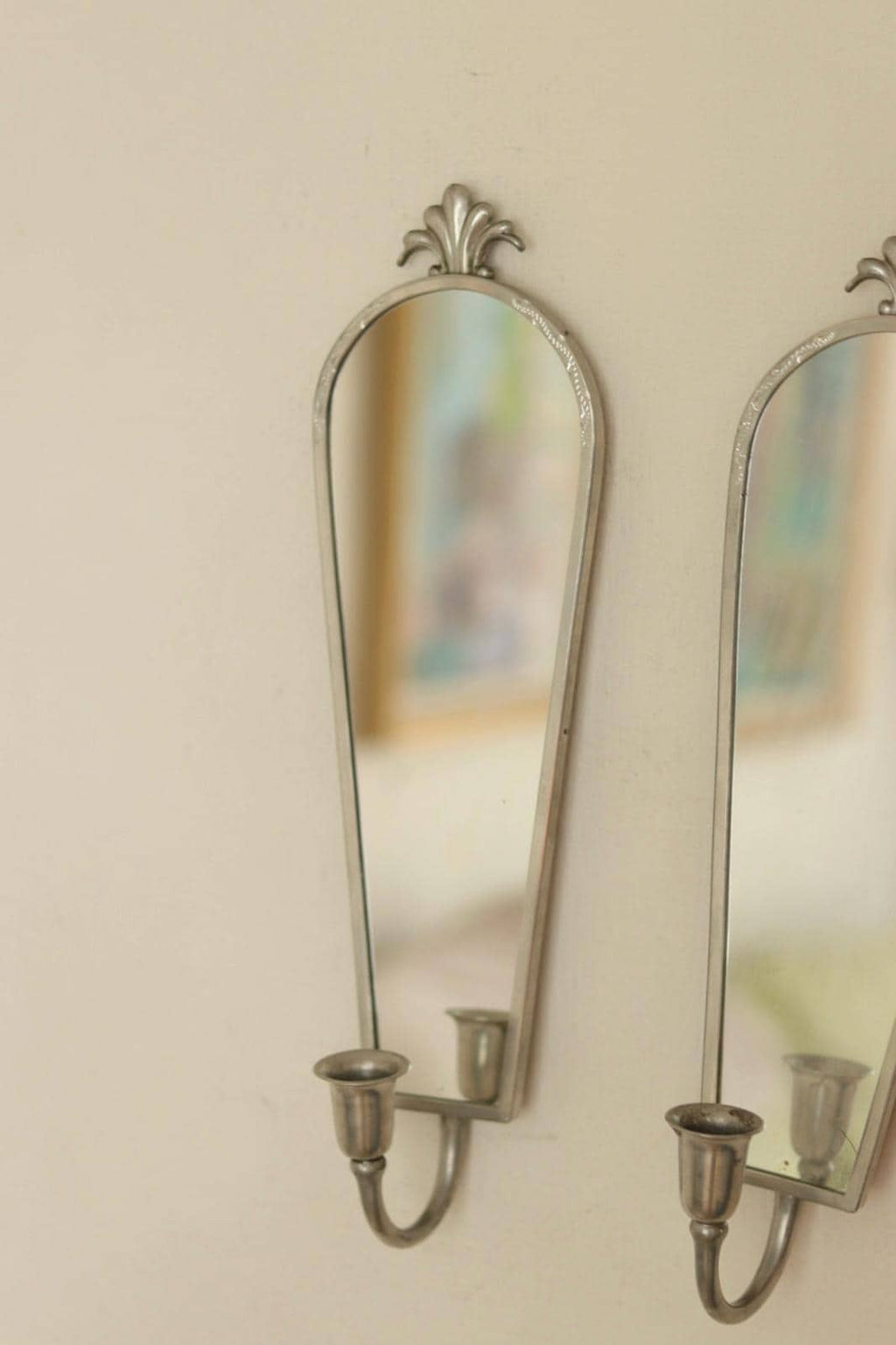 Pair of Mid Century Swedish Pewter Sconces with Mirror