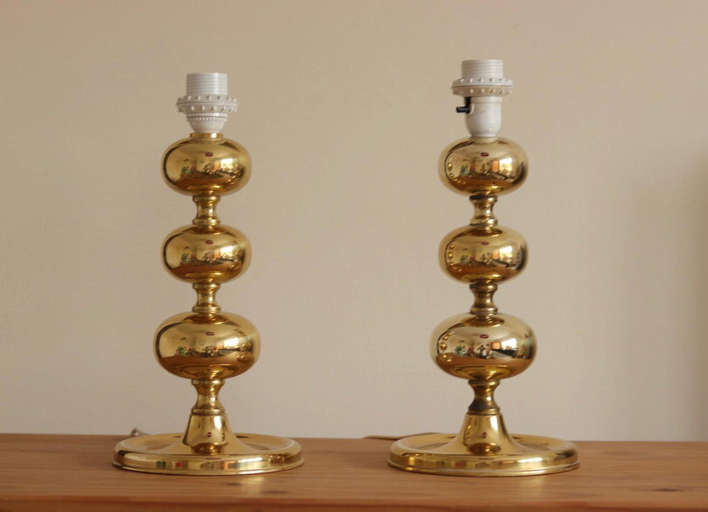 Pair of Swedish Brass Bobbin Table lamp by NAFA Nybro Armaturfabrik AB