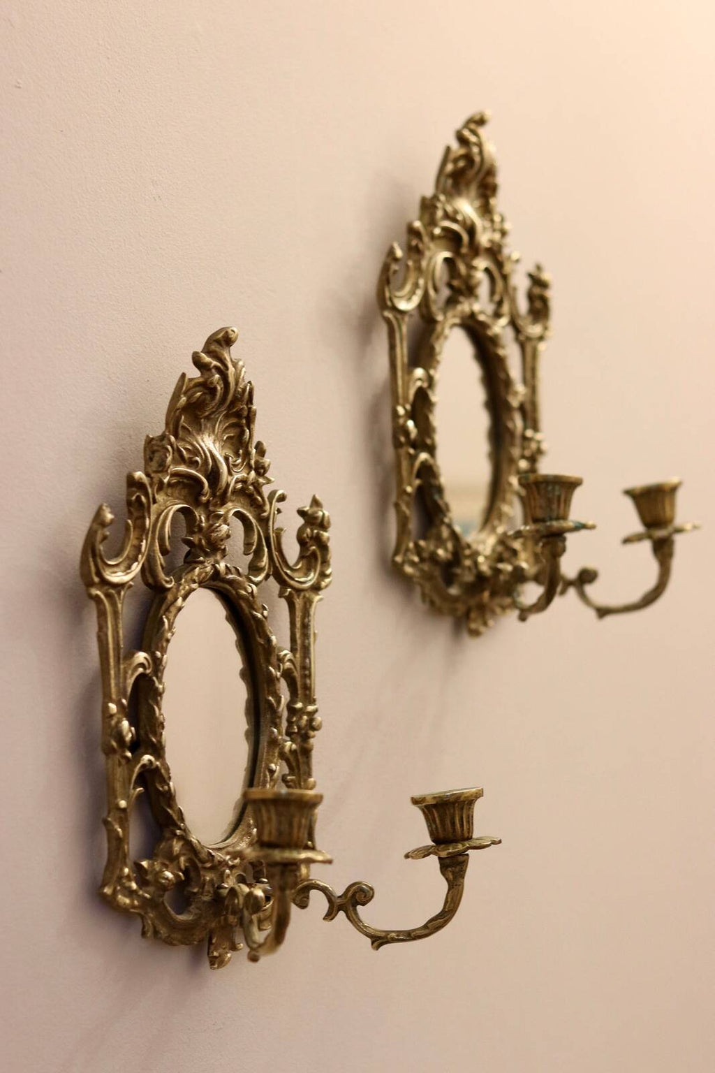 Pair of Antique  Brass Sconces with Mirror