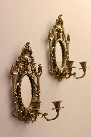 Pair of Antique  Brass Sconces with Mirror