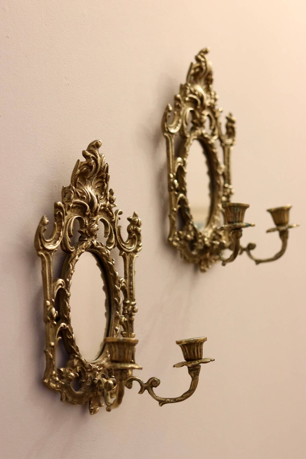 Pair of Antique  Brass Sconces with Mirror
