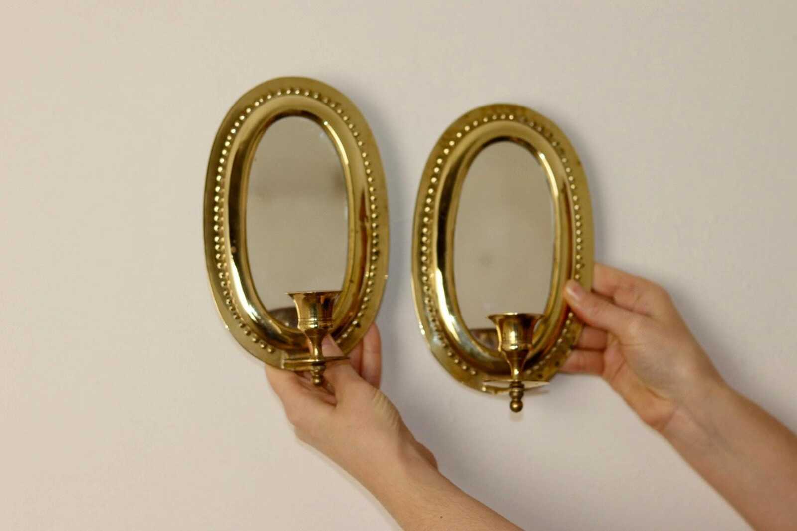 Pair of Mid Century Swedish Brass Sconces with Mirror