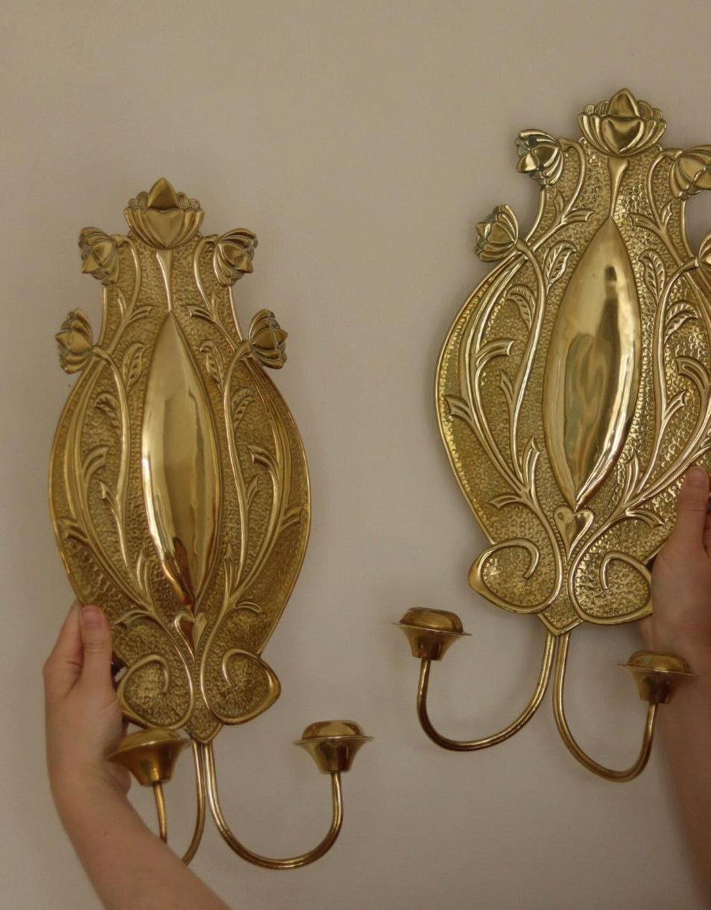 Pair Of Double Arm Art Nouveau Style Swedish Brass Sconces
