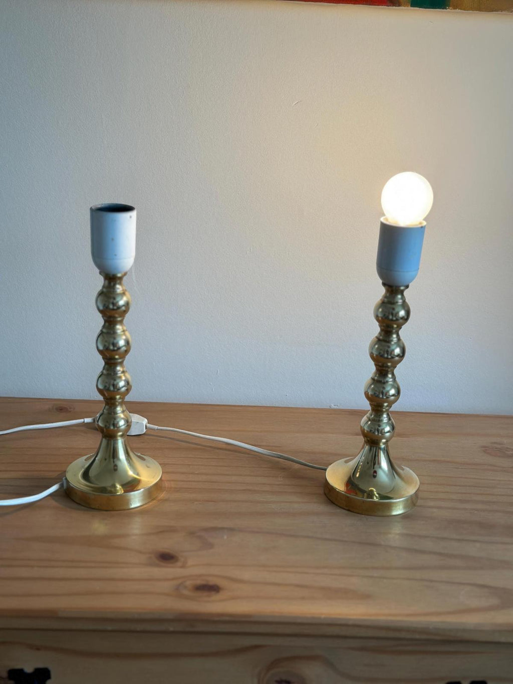 Pair of Mid Century Swedish Brass Lamps with French Scallop Shades