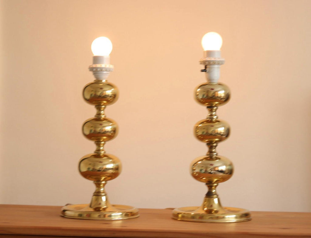 Pair of Swedish Brass Bobbin Table lamp by NAFA Nybro Armaturfabrik AB