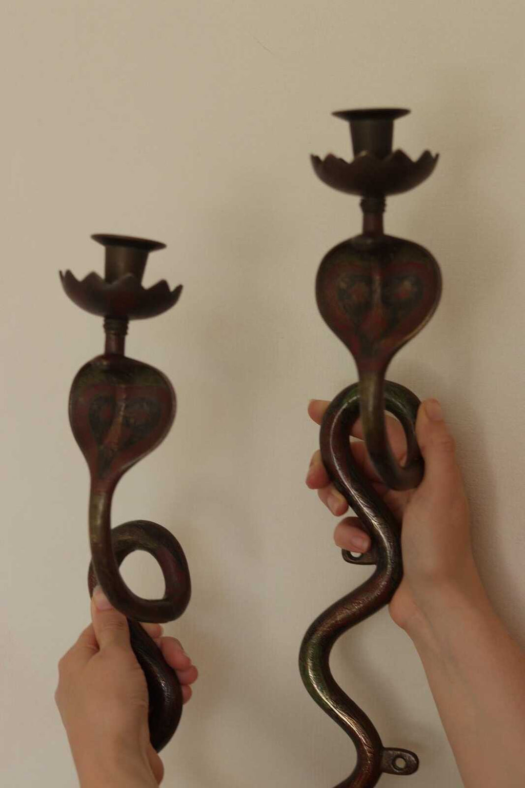 Pair of Egyptian Revival Style Engraved Brass Enameled Cobra Sconces